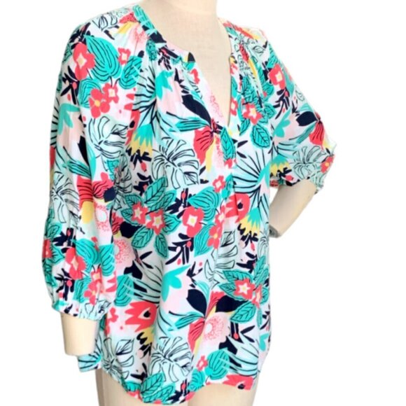 Crown & Ivy L Tropical Floral BOHO V-Neck 3/4 Sleeve Peasant Blouse 75C - Picture 3 of 7